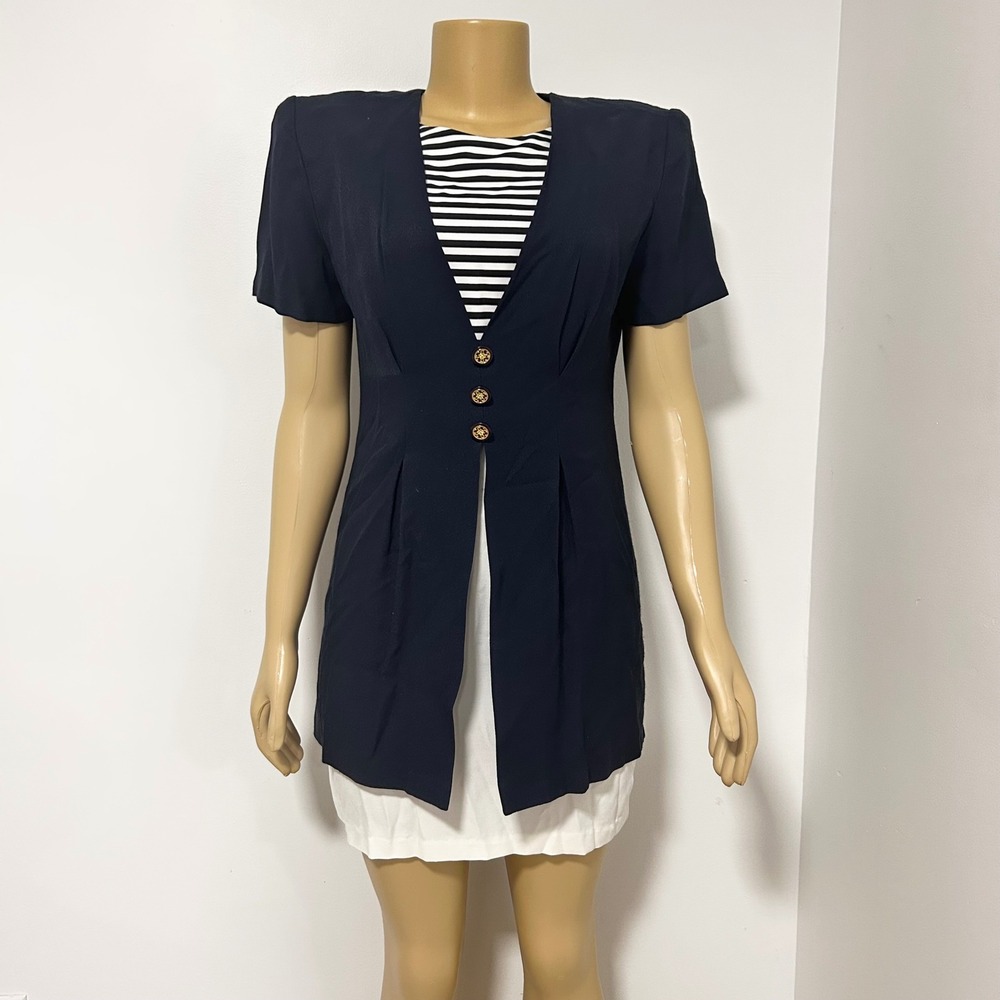 90s Vintage Scarlett Navy Blue Button Front Blazer Dress with Striped Top Medium
